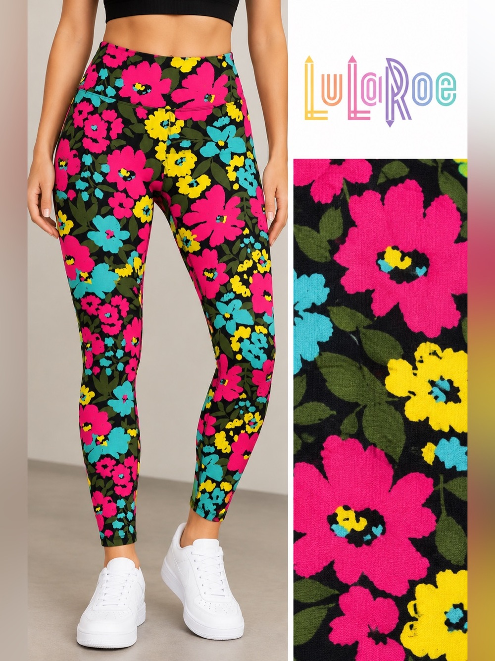 LuLaRoe Black Floral Leggings with Pink, Teal & Yellow Flowers